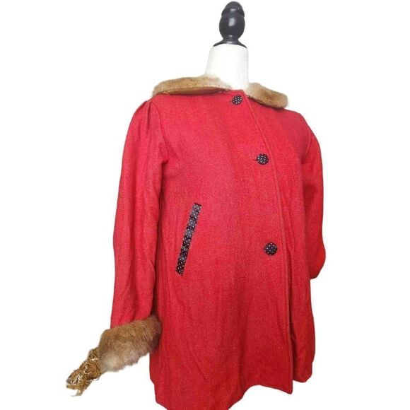 Wool Fur Trim Vintage Red Coat - Picture 2 of 4